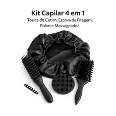 Kit Cachos Perfeitos 4 em 1 Escova de Fitagem Escova Polvo Massageador Touca Cetim