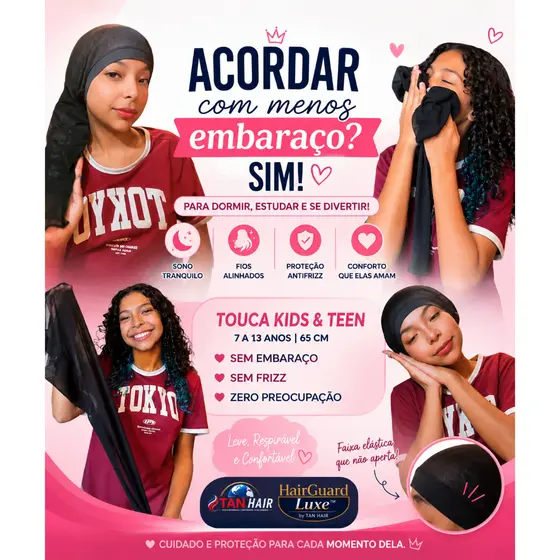 Touca Infantil HairGuard Antifrizz para Cachos e Lisos Kids Teen / Dormir e Uso diáro