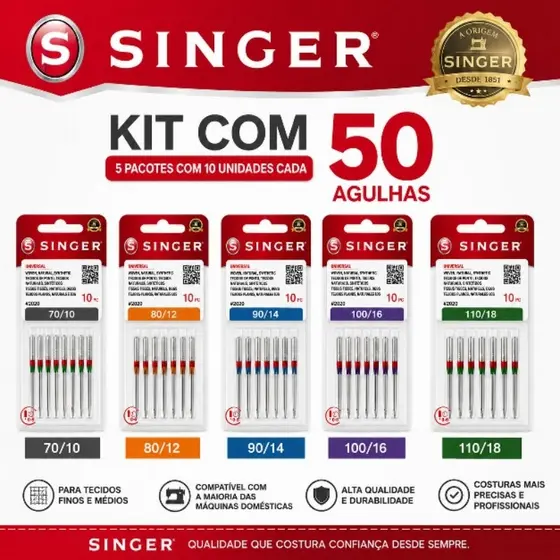 Kit 50 Agulhas Singer #2020 Original Para Máquinas Domésticas Costura Profissional