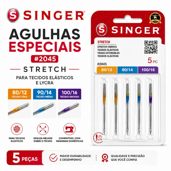 Conjunto Agulha Singer Stretch Original #2045 80/12 90/14 100/16 5 Peças