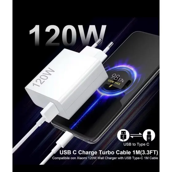 Carregador 120W Turbo Power Xiaomi Cabo 6A Usb com Saída Tipo-C +Protetor de Cabo