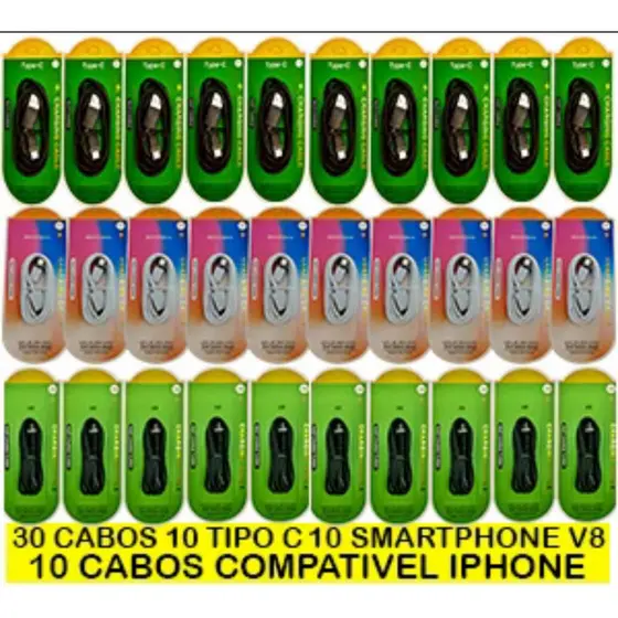 30 CABOS OS 3 MODELOS 10 CABOS V8 10 CABOS PARA IPHONE 10 CABOS TIPO C PARA REVENDA