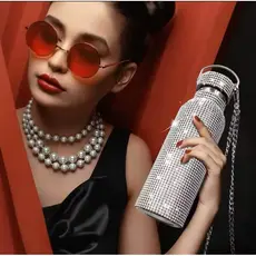Garrafa Térmica de Aço 500mlInoxidável Com Tampa e Pincel Brilho Cravejado Rhinestone Copo Garrafa Térmica AJ009