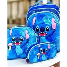 Kit Mochila+Lancheira+Estojo 3D Infantil Lilo&Stitch| Stitch Sorvetetinho Azul Rodas Ou Costas
