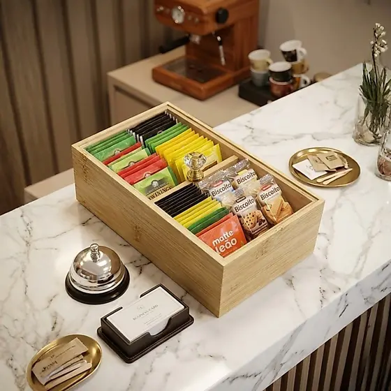 Porta Chá Organizador de Bambu com Tampa Cristal Multiuso Divisórias Café Chás Mesa Posta