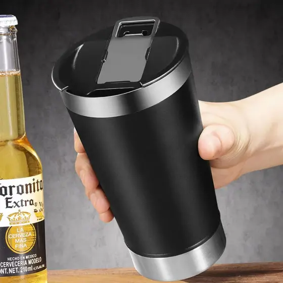 Copo Termico com Tampa e Abridor Aço Inox 473ml Cerveja Café Liso Caneca Térmica Parede Dupla