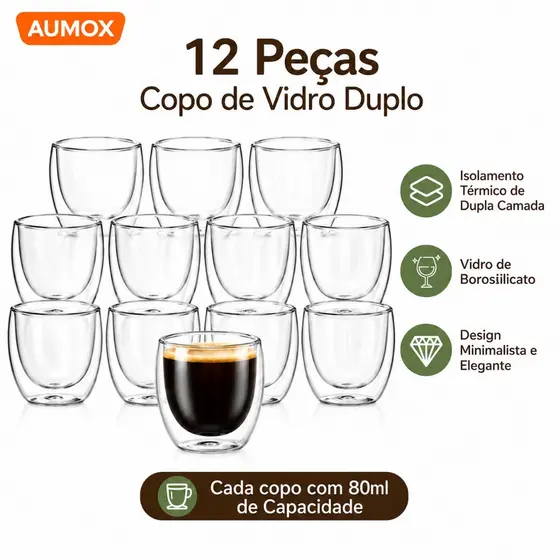 Jogo 12 Xícaras Café Expresso Parede Dupla 80ml - Copos de Vidro Borossilicato Térmico