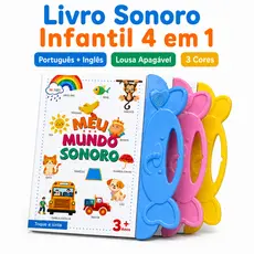 Livro Infantil Sonoro Interativo Com Lousa Apagável e Canetinhas Português Inglês 3 Anos