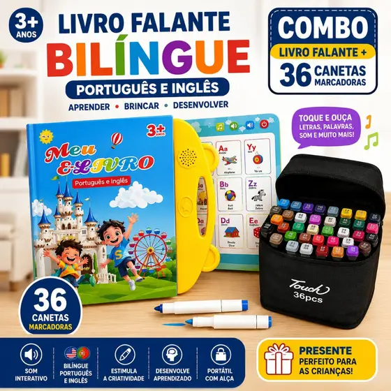 AUXOM Livro Infantil Falante Bilíngue Português/Inglês + 60 Canetas Marcadoras, Lousa Mágica Reutilizável 2 em 1