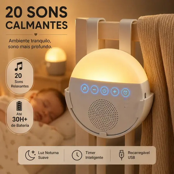 Máquina de Ruído Branco Bebê 20 Sons Luz Noturna USB Recarregável 2000mAh com Timer Sono Infantil