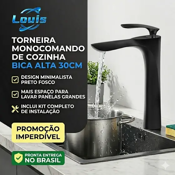 Louis Torneira Monocomando Banheiro Bica Alta 30cm Prata e Preto