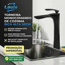 Louis Torneira Monocomando Banheiro Bica Alta 30cm Prata e Preto