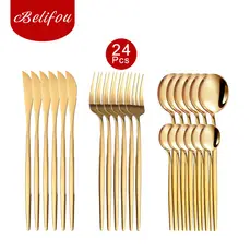 Belifou Kit 24/48 Natal Jogo De Talheres Aço Inoxidável Dourados Conjunto de tabela