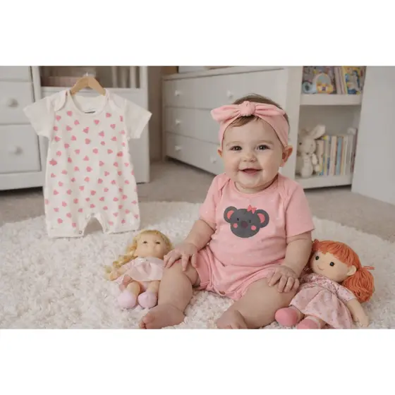 Kit Roupa Bebê Menina Rompers / Macacão Banho de Sol com Estampa Coala Rosa