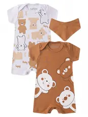 Kit Macacão Bebê Menino Verão Romper, Banho de Sol em Algodão com Estampa Ursinho