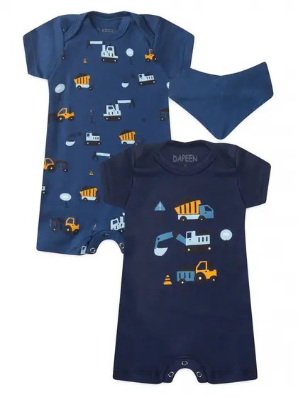 Kit Macacão Bebê Menino Verão Romper, Banho de Sol em Algodão com Estampa Caminhão