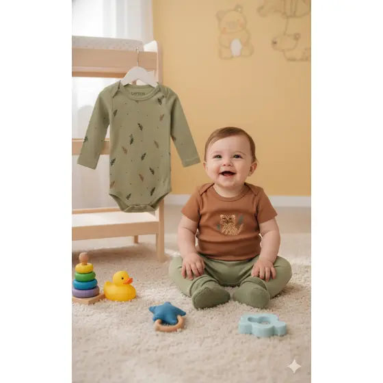 Kit Body Bebê Menino Suedine Minimalista folhas