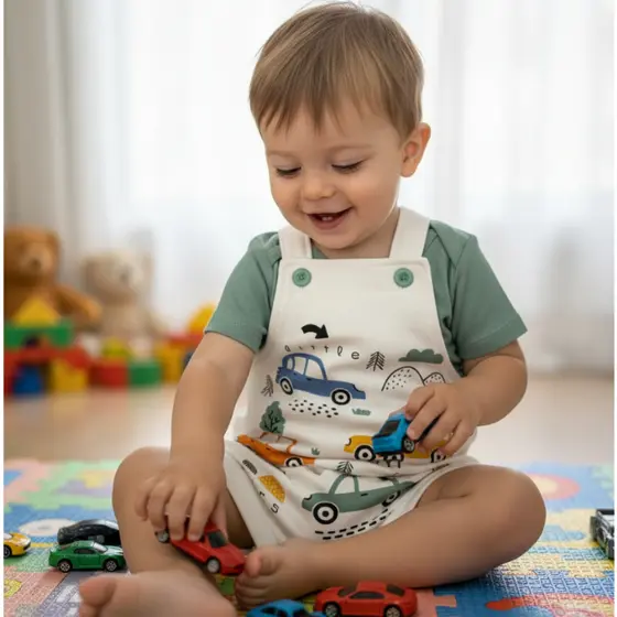 Conjunto de Jardineira 2 peças Bebê Menino Suedine Pequenos Carros