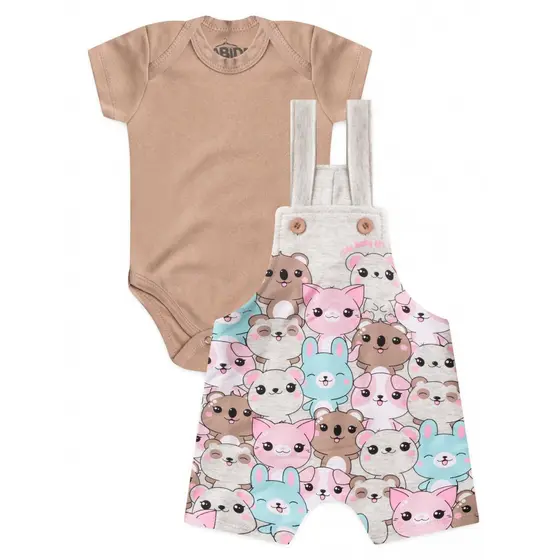 Conjunto Jardineira Bebê Menina Suedine Pets