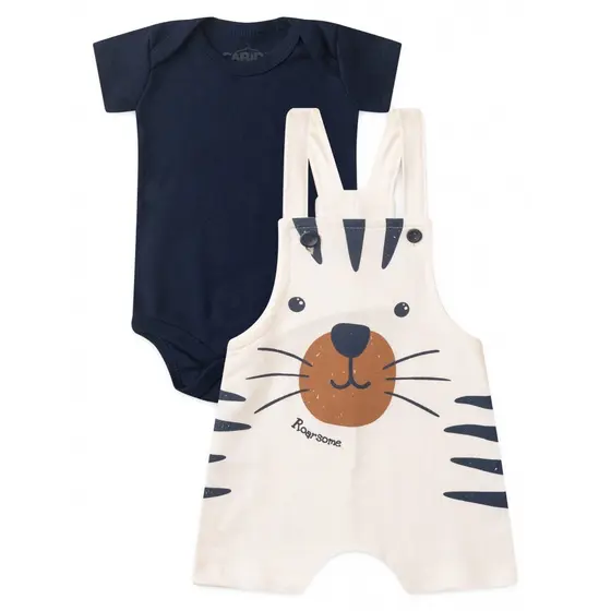Conjunto Jardineira Bebê Menino Suedine Off White