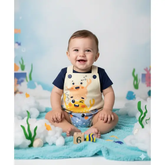 Conjunto Jardineira Bebê Menino Suedine Siri Feliz