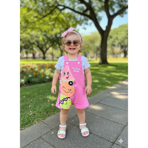 Conjunto Jardineira Bebê Menina Suedine Frutinhas