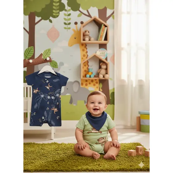 Kit Macacão Bebê Menino Verão Romper, Banho de Sol em Algodão com Estampa Macacos