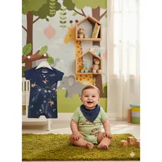 Kit Macacão Bebê Menino Verão Romper, Banho de Sol em Algodão com Estampa Macacos