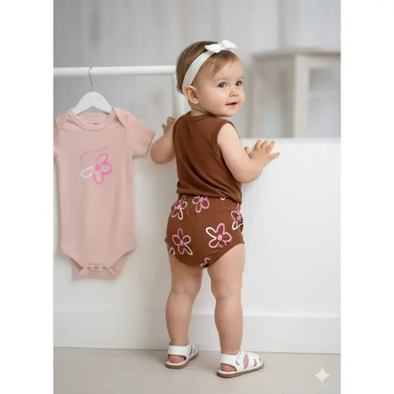 Kit Body e Tapa Fralda 3 peças, Bebê Menina Flores