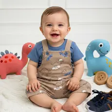 Conjunto Jardineira Bebê Menino Suedine Dino Skateista