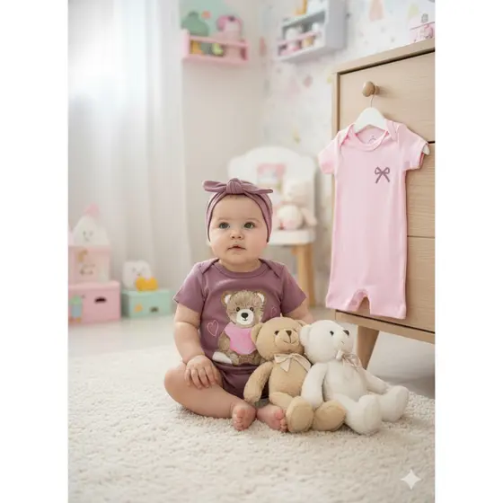 Kit Macacão Bebê Menina Suedine Lacinhos Pink