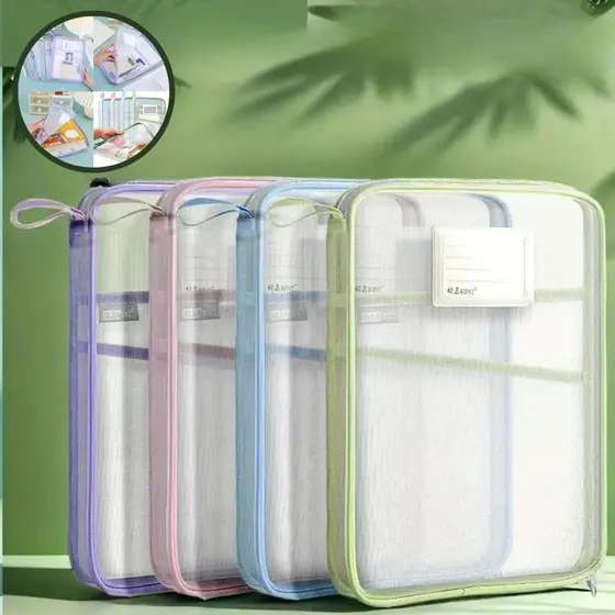 Bolsa Pasta De Arquivo Transparente Multifuncional Com Zíper de Malha Grande Capacidade Portátil