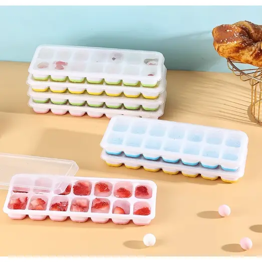Formas de Gelo Silicone com Tampa Rígida Flexível Fundo 14 Cubos Retangular Multiuso Lavável