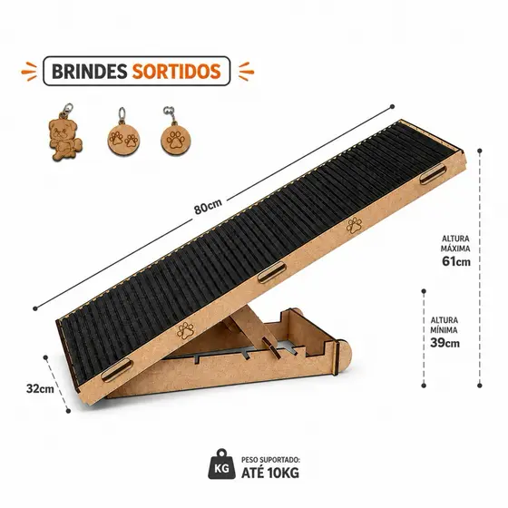 Rampa pet 80cm Para Cachorros Antiderrapante Madeira Resistente Com Regulagem de Altura