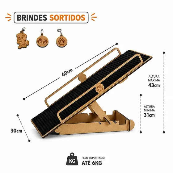 Rampa Pet Antiderrapante Com Regulador de Altura 3 Nivel Resistente Prático Para Cachorros Gatos MDF