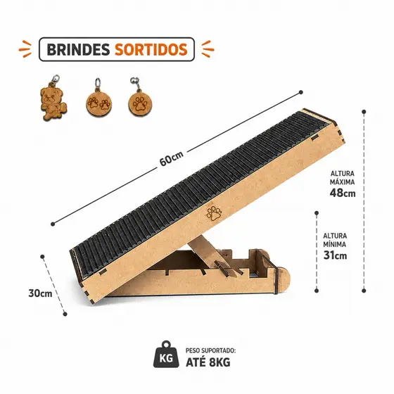 Rampa Pet Para Cachorros Antiderrapante Madeira Resistente Com Regulagem de Altura