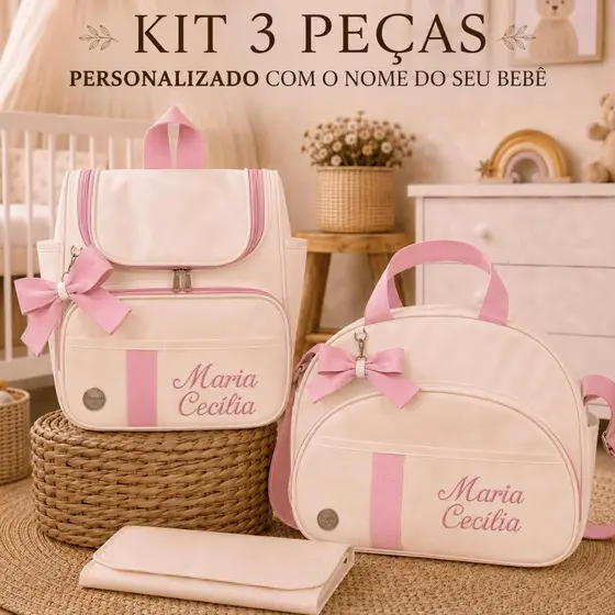 Kit Bolsa Maternidade Personalizada 3 Peças Bolsa Grande e Mochila de Bebe e Trocador Impermeável