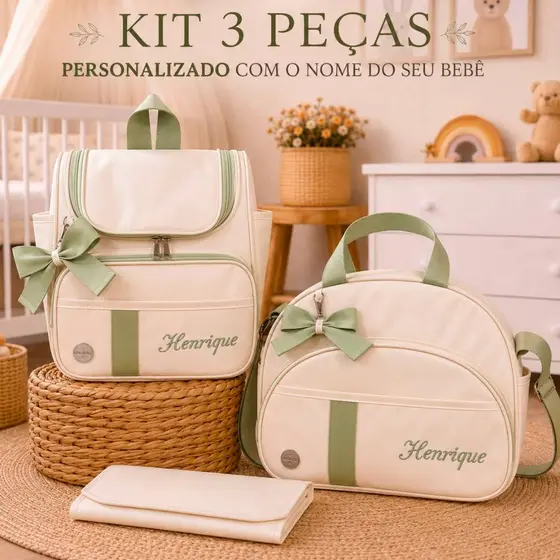 Kit Bolsa Maternidade Personalizada 3 Peças Bolsa Grande e Mochila de Bebe e Trocador Impermeável