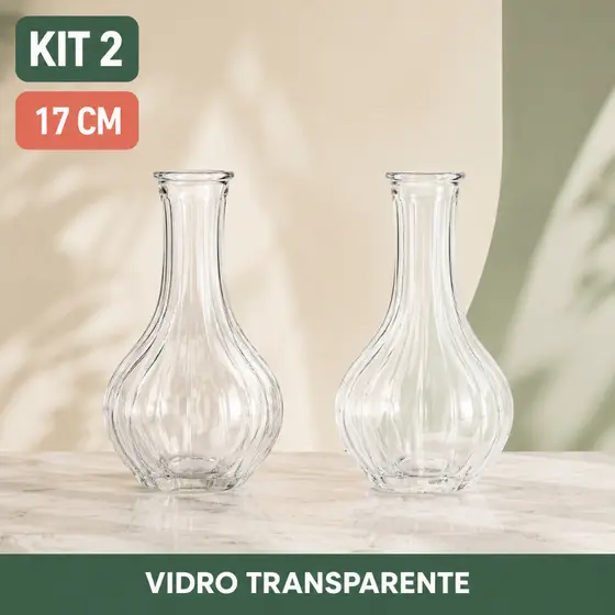 Kit 2 Vaso de Vidro Transparente 17 cm com Relevo Ondulado Decoração Moderna