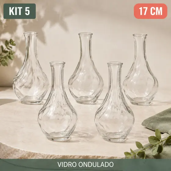 Kit 5 Vaso de Vidro Transparente 17 cm com Relevo Ondulado Decoração Moderna
