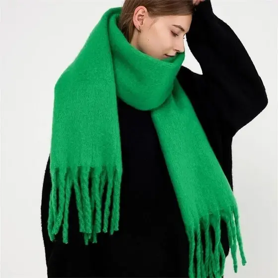 Cachecol de Inverno Feminino, Cachecol de Cashmere Quente e Espesso, Xale Clássico com Franjas, Cachecol Macio de Cor Só