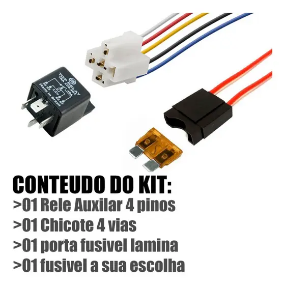 Kit Relê Auxiliar 4 Pinos 12v com Chicote E Porta Fusível com Fusível Lamina Médio