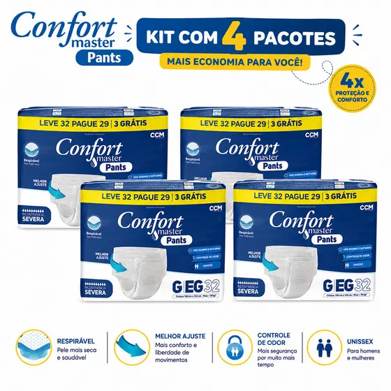 Kit 4 Pacostes de Fralda Confort Master Pants Totalizando 128un