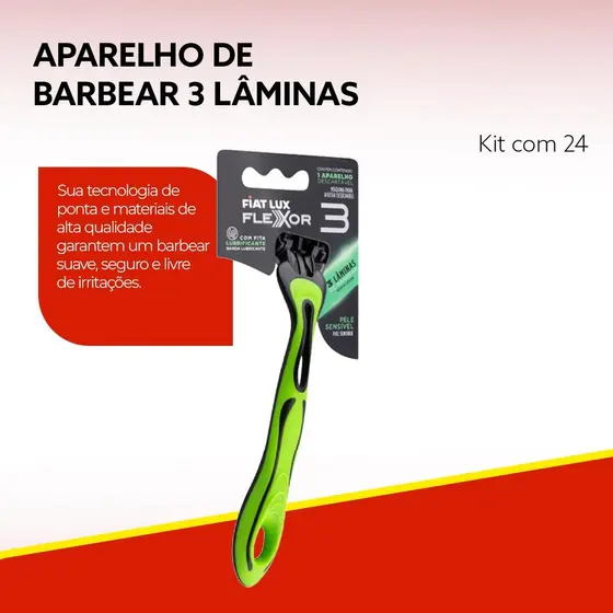 Kit Barbeador Descartável Aparelhos de Barbear Com 3 Lâminas Com 24 Unidades Fiat Lux Flexor