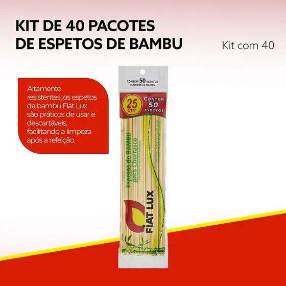 Kit 40 Pacotes de Palito de Bambu Premium para Churrascos Sustentável Fiat lux 25cm 50un