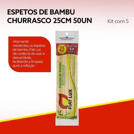 Kit 5 Pacotes de Palito de Bambu Higiênico para Churrascos Sustentável Fiat lux 25cm 50un