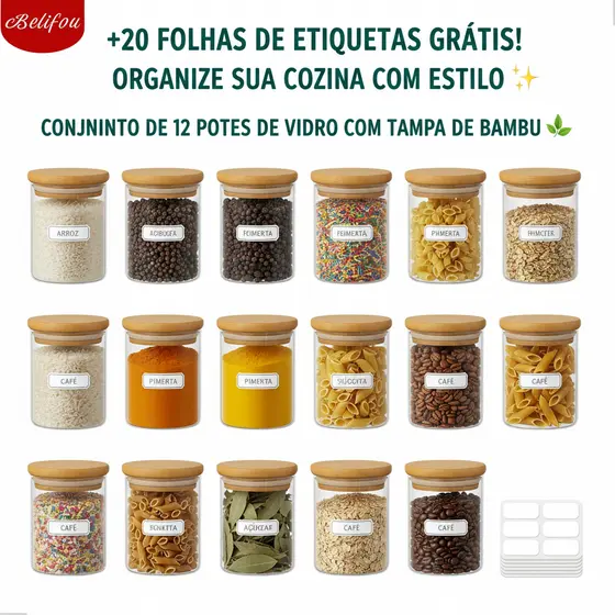 Belifou Kit 6 Pote hermético 200ML Pote De Vidro com Tampa bambu pote de mantimentos para cozinha