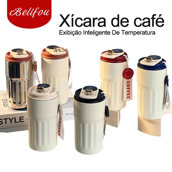 Belifou 450ml Copo Térmico Cafe personalizado Inox Portátil tampa Com LED Temperatura Antivazamento