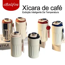Belifou 450ml Copo Térmico Cafe personalizado Inox Portátil tampa Com LED Temperatura Antivazamento