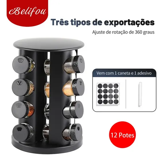 Belifou Porta Condimentos Giratório Tempero com 12 potes de Vidro 90G